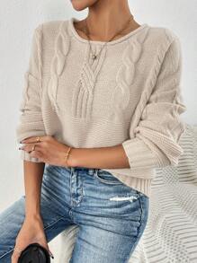 SHEIN Frenchy 圓領針織毛衣,採用下垂肩設計 - 卡其色 - 查看 5