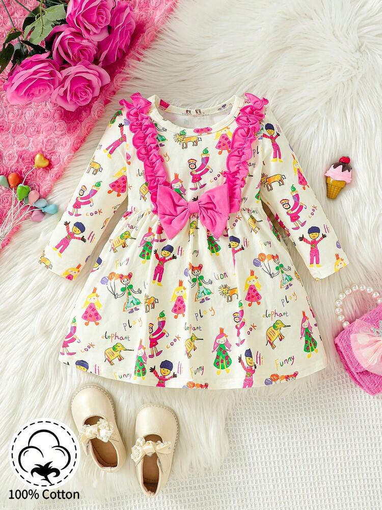 Baby Girls' Cartoon Printed Color-block Dress With Ruffle Trim And Bow Decoration