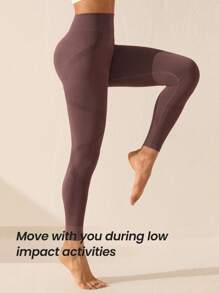 Lifespree Solid Color High Waisted Sports Leggings - Brown - View 5