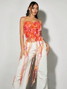 SHEIN BAE 橘紅色浪漫玫瑰印花層疊水母海草和荷葉邊設計的吊帶上衣,適用於夏季派對、約會、度假、外出 - 彩色 - 查看 3