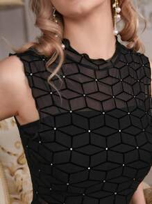 SHEIN Privé Geo Print Lettuce Trim Mock Neck Mesh Tank Top Without Bra - Black - View 6