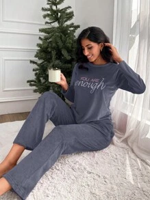 RueChic Women's Slogan Print Top And Pants Pyjamas Set - Grey - View 5