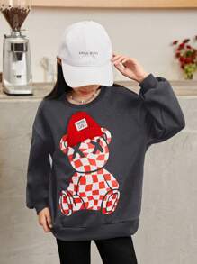 SHEIN Tween 女童宽松运动 3D 泰迪熊印花羊毛卫衣 - 灰色 - 查看 3