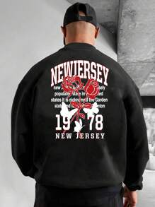 Men'S Drop-Shoulder Pullover Sweatshirt With Text And Floral Pattern - Black - View 1
