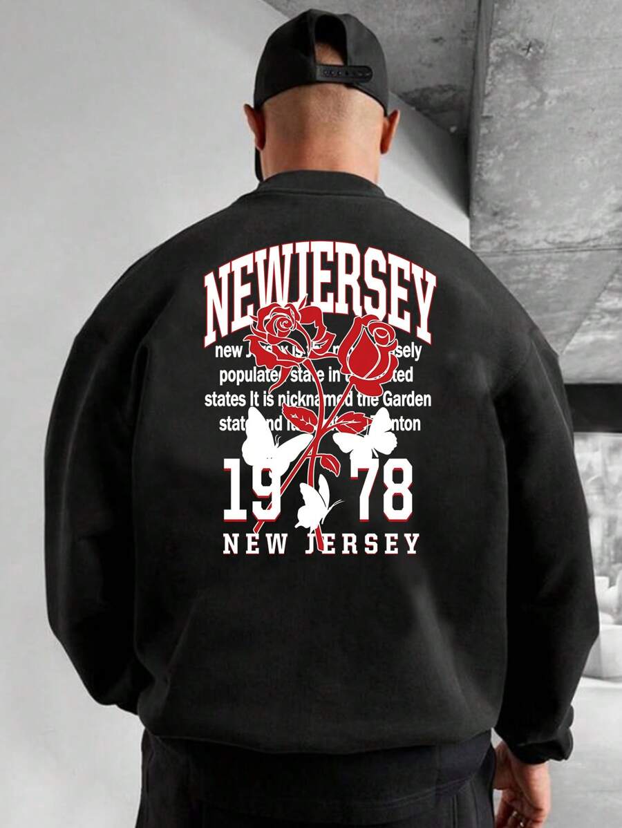 Men'S Drop-Shoulder Pullover Sweatshirt With Text And Floral Pattern - Black - View 1