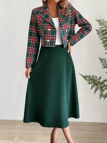 SHEIN Clasi 格紋印花雙排釦夾克&半身裙 - 綠色 - 查看 1