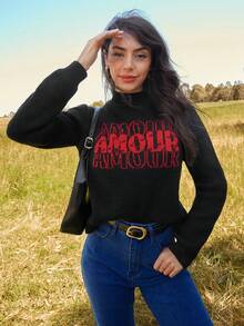 SHEIN Frenchy 字母圖案條紋針織套頭毛衣 - 彩色 - 查看 4