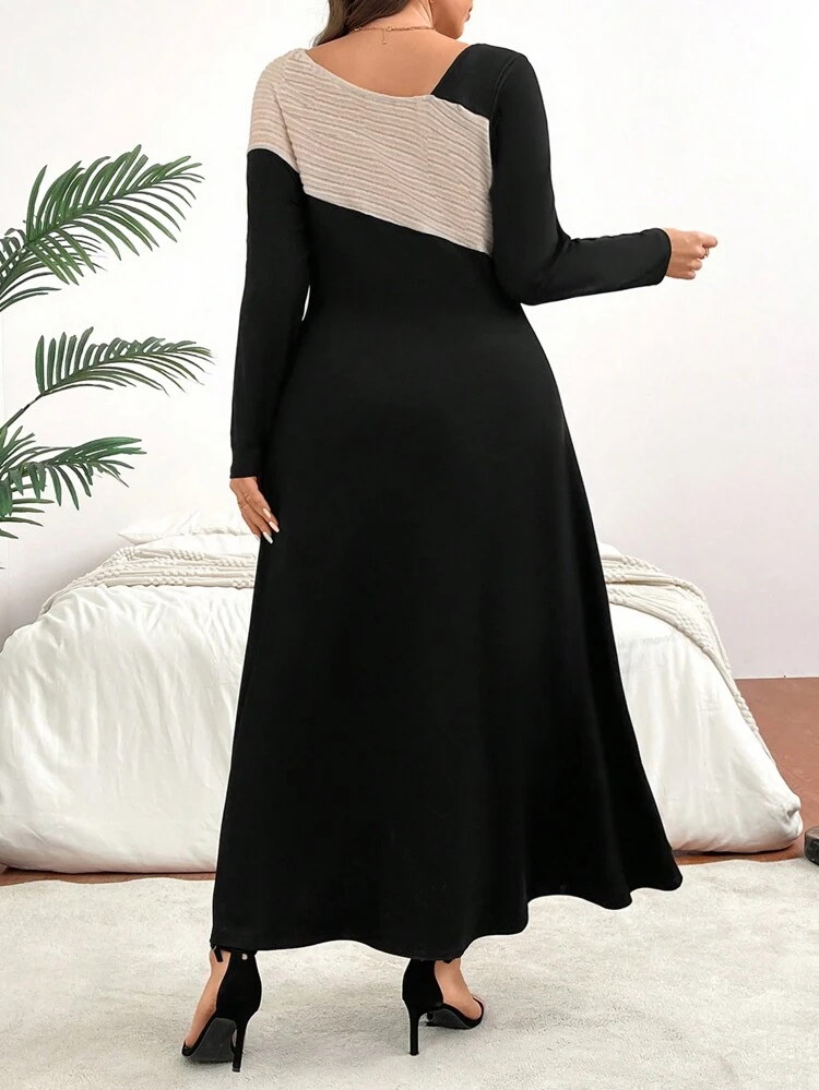 Plus Size Color Block Rib Knit Panel Long Sleeve Dress Fall Cloth For Women