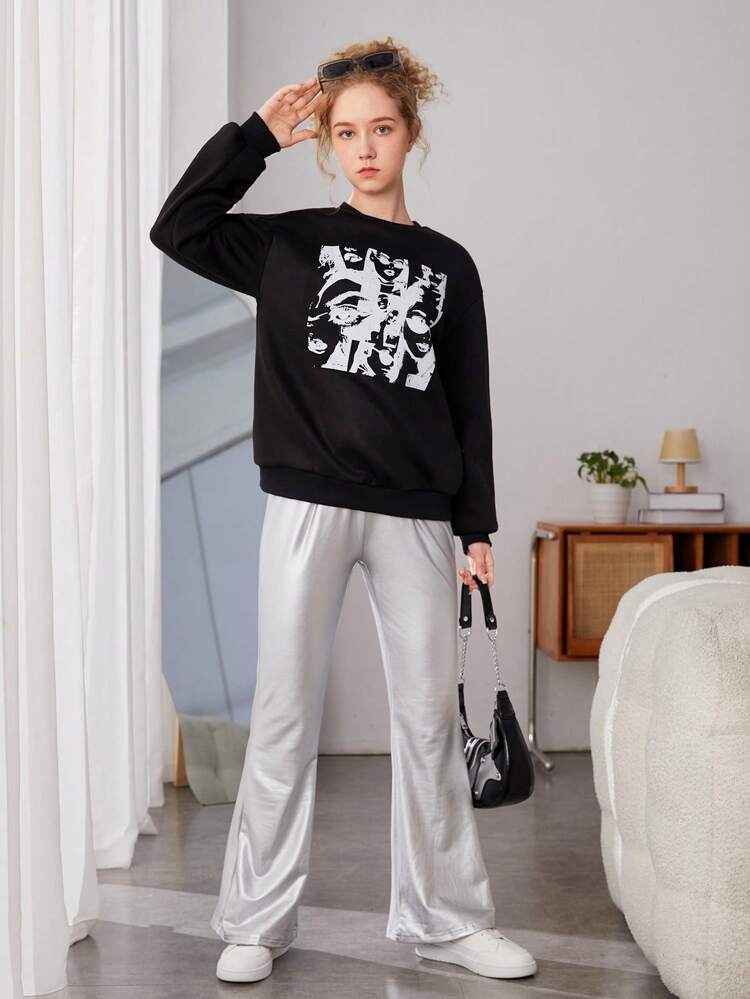 Teenage Girls' Casual Streetwear Pattern Printed Pu Leather Pants 2pcs/Set