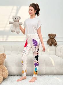 Teen Girl Ink-Splatter Cute Cartoon Printed Leggings - White - View 4