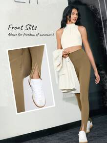 GLOWMODE 31" FeatherFit™-Sculpt Tummy Control Front Slit Leggings - Khaki - View 4