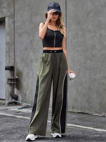 SHEIN Essnce Drawstring Waist Contrast Color Rolled Hem Pants - Multicolor - View 3