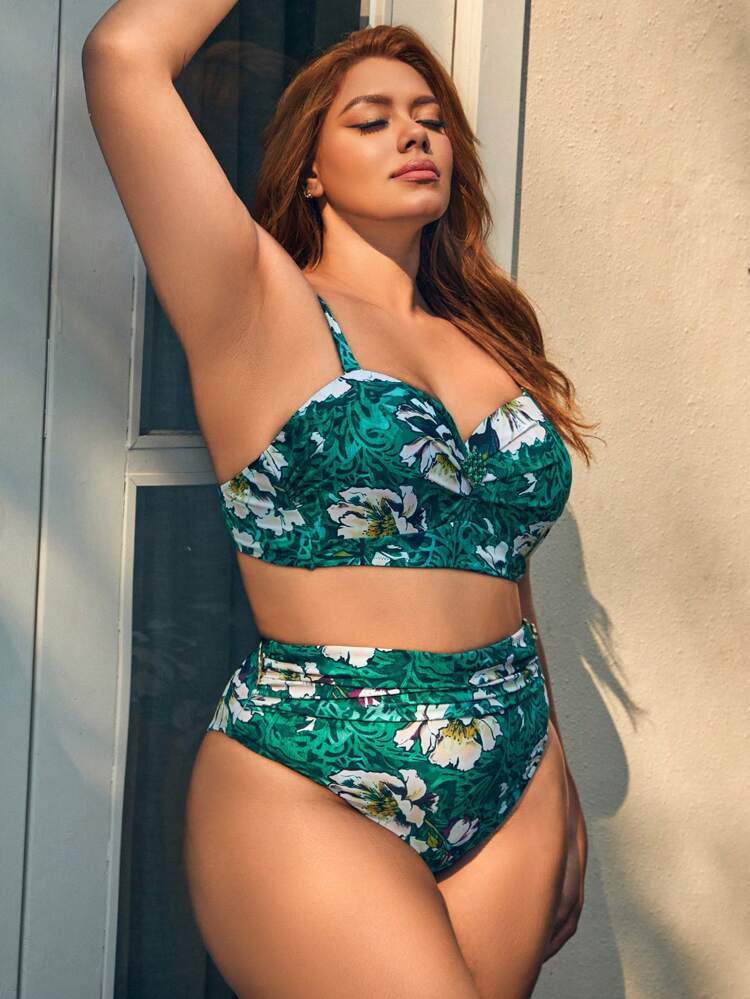 Plus Size Women's Floral Printed Bikini Set Summer Beach