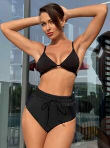 SHEIN Swim 女士抽绳腰部泳裤音乐节夏季 - 黑色 - 查看 1