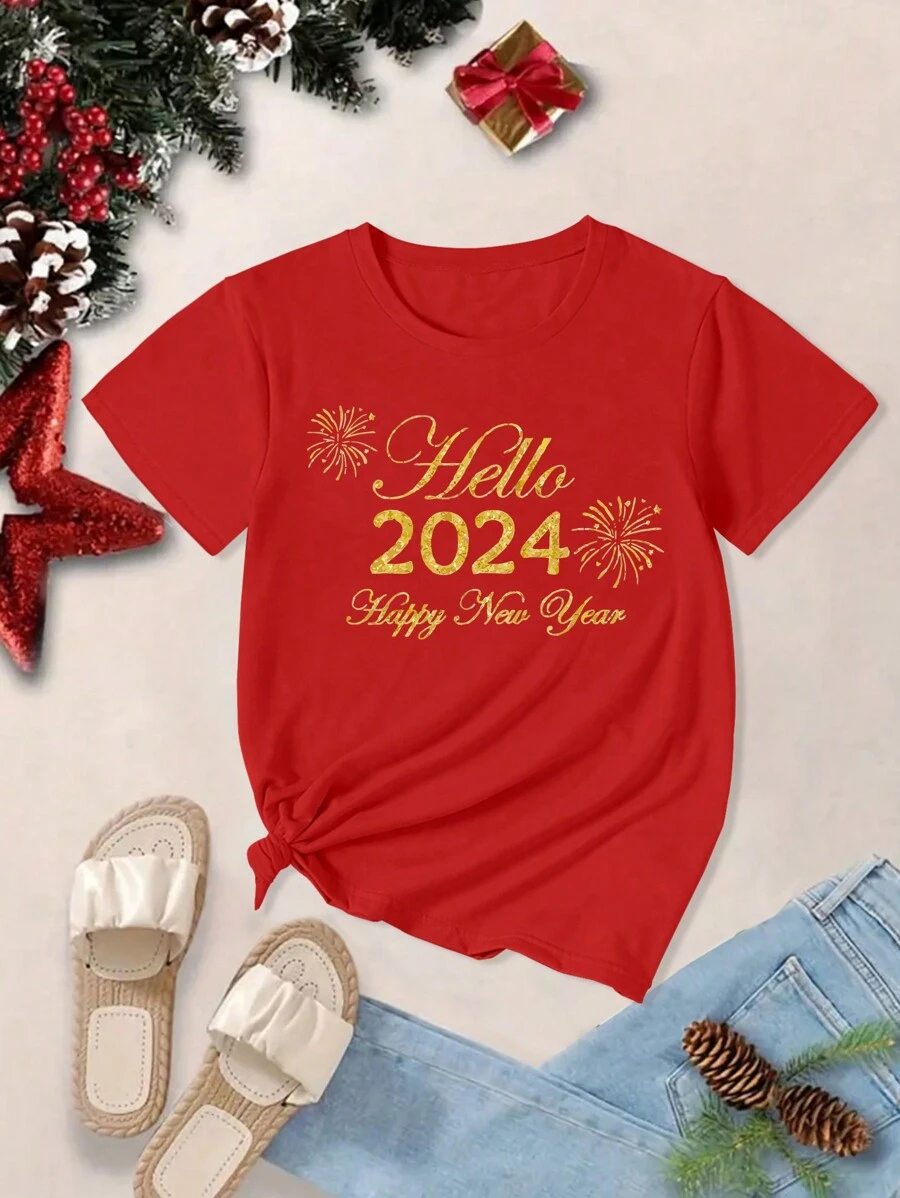 SHEIN LUNE New Year Slogan Printed T-Shirt - Red - View 1