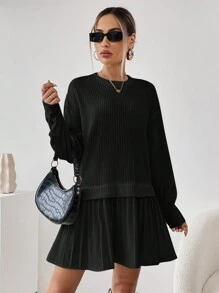 SHEIN Essnce Quý cô Màu thuần Viền xếp Đầm - màu đen - Xem 4