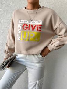 EURMUSE Women's Casual Slogan Print Crew Neck Sweatshirt, Autumn/Winter - Beige - View 4
