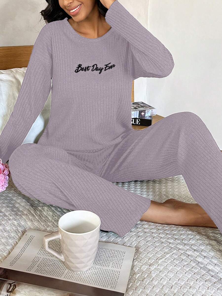EURMUSE Women's Home Wear Set, Long-sleeved T-shirt + Trousers - Purple - View 1