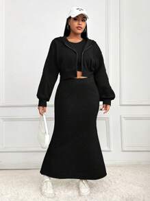 SHEIN EZwear Conjunto De Dos Piezas Para Mujer Con Sudadera Con Capucha Y Cremallera Y Falda De Cola De Pez En Talla Grande