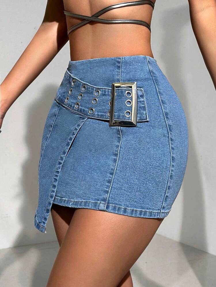 Women's Y2k Punk Elastic Bodycon Mini Denim Skirt With Unique Waistband Design
