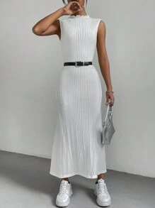 SHEIN Essnce 女款修身款針織立領肋身連衣裙 - 白色 - 查看 3