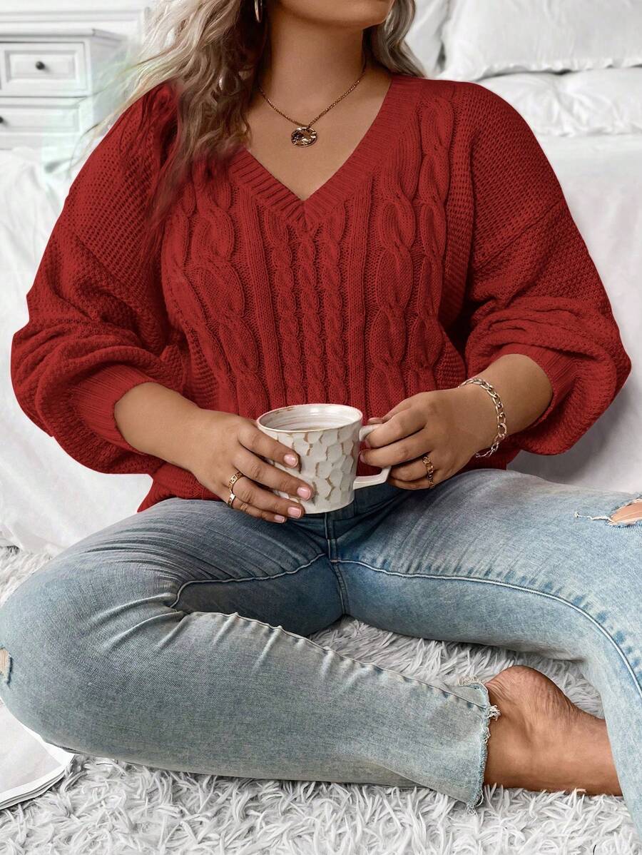 SHEIN LUNE 實心色系加大號垂墜肩毛衣 - 酒紅色 - 查看 1