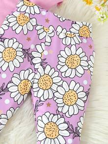 SHEIN 女宝宝字母印花连体衣和花卉喇叭裤套装 - 紫色 - 查看 6