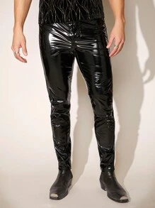 FeverCity Men's Fishnet Patchwork Pu Leather Pants - Black - View 5