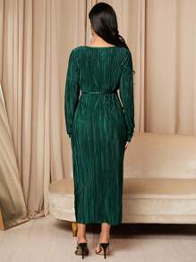 MaterniChic Maternity Round Neck Long Sleeve Belted Dress - Green - View 2