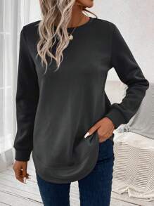 SHEIN LUNE Vòng cổ Tay áo dài Áo nỉ - Màu xám đen - Xem 5