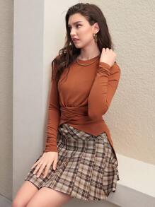 SHEIN Unity Long Sleeve Top With Short Front And Long Back - Rust Brown - View 1