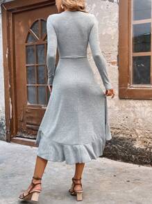 Chiquease Button Decoration Drawstring Front Dress Fall Cloth For Women - Grey - View 2