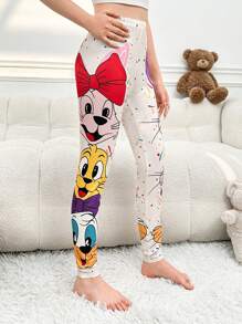 Teen Girl Ink-Splatter Cute Cartoon Printed Leggings - White - View 3