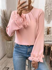 SHEIN LUNE 荷葉邊短袖高領襯衫 - 粉色 - 查看 3