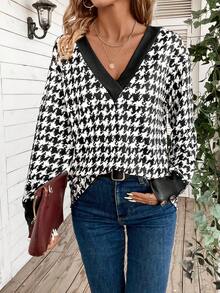 SHEIN LUNE 女千鳥格長袖 T 卹 - 黑與白 - 查看 5