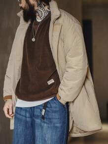 男士復古質感中長設計加厚棉墊連帽大衣 - 卡其色 - 查看 3