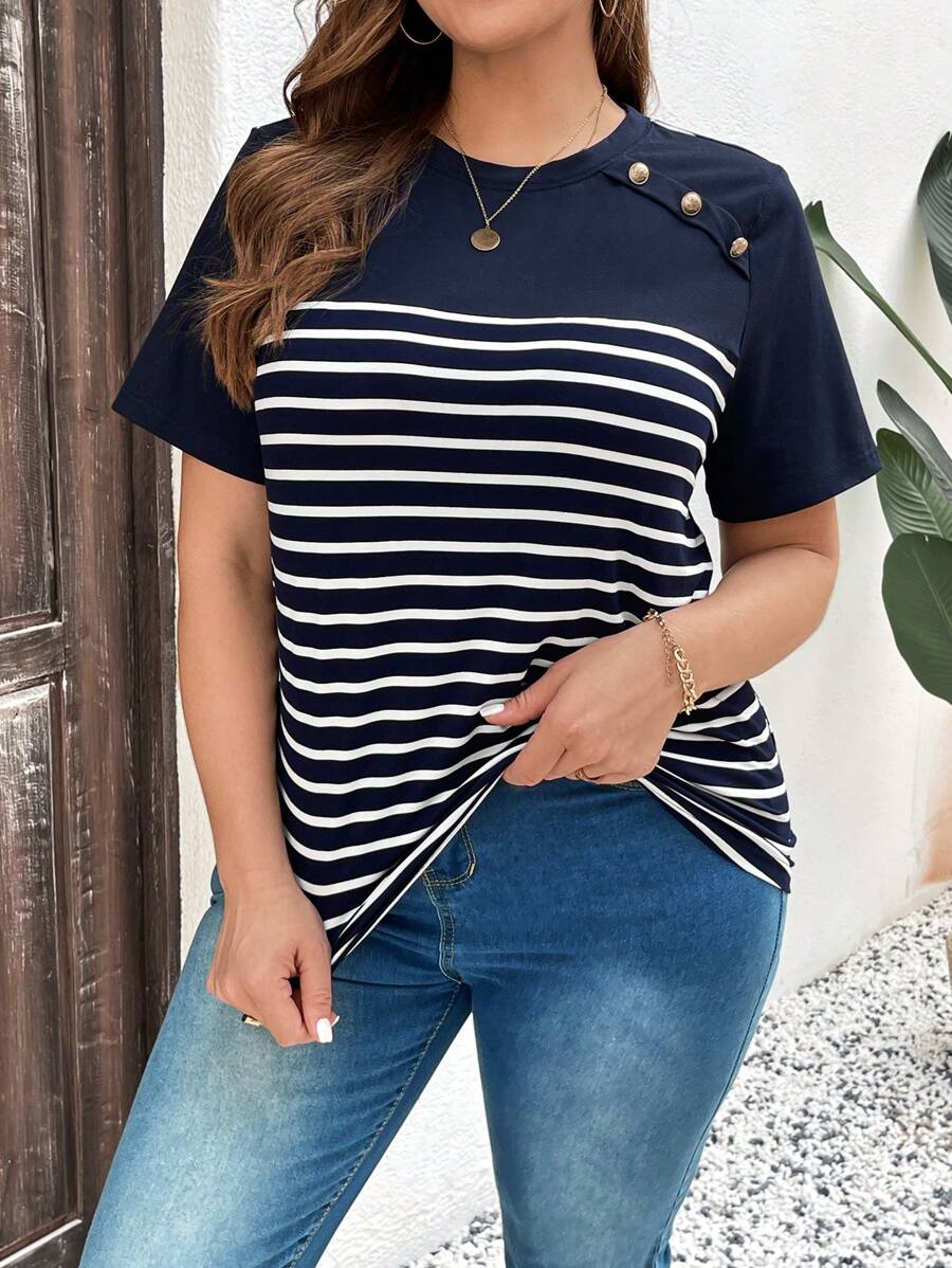 SHEIN LUNE Áo thun trang trí nút kim loại sọc khối màu cỡ lớn cho mùa hè - Nhiều màu - Xem 1