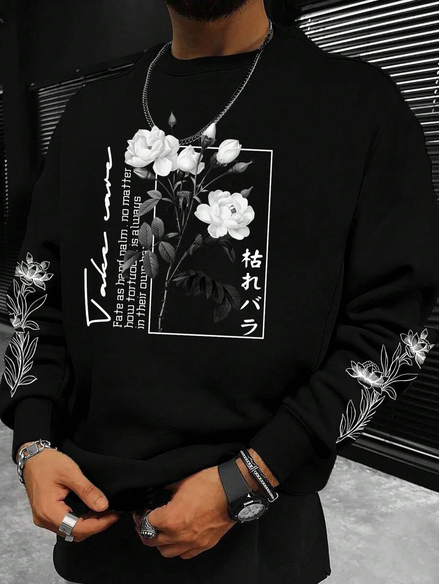 男士標語和玫瑰印花圓領套頭衫 - 黑色 - 查看 1