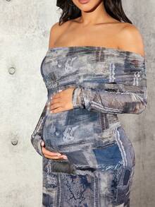 SHEIN 孕婦拼接印花露肩修身連衣裙,長袖和臀部包覆 - 藍色 - 查看 3