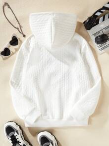 SHEIN 女孩時尚連帽衫,心形刺繡和長袖 - 白色 - 查看 2