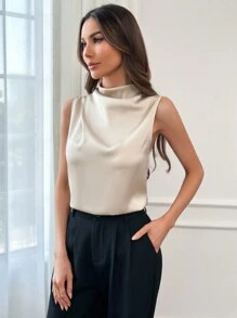 Firerie Draped Collar Sleeveless Satin Tank Top