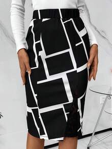 SHEIN Clasi Geometric Pattern Patchwork Lace Design High Waist Slit Skirt - Black - View 3