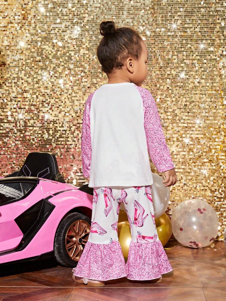2pcs Baby Girls Princess Printed Long Sleeve Top And High Heel Shoe Printed Flared Pants Cute Daily Outfit For Spring