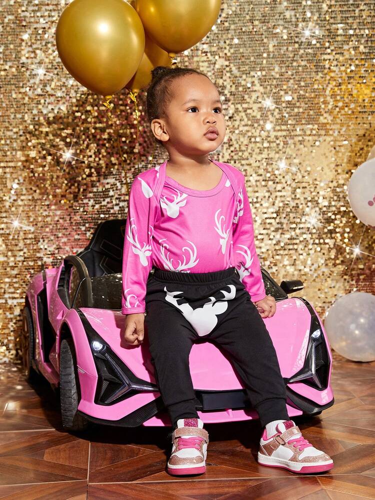 Baby Girls' 3pcs/set Fun Printed Pink Outfit For Autumn & Winter Including Hat, Suitable For Daily Wear And Leisure