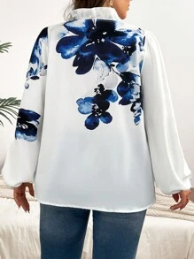 Celure Plus Size Floral Print Shirt With Ruffled Hem - White - View 2