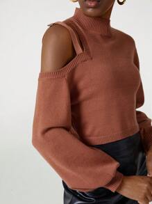 NILLARY Designer Women Solid Color Hollow Out Shoulder & Stand Collar Cropped Sweater, For Holiday, Vacation, Festival, Ibiza Fits - Rust Brown - View 1