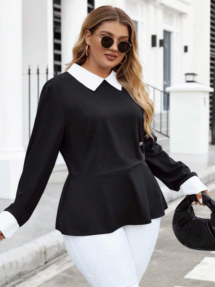 Plus Size Color Block Tee With Patchwork Neckline