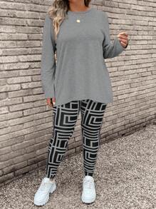 SHEIN LUNE Bộ đồ hai mảnh mùa hè cỡ lớn gồm áo phông cổ tròn tay dài và quần legging họa tiết hình học 2 món/bộ - Xám - Xem 6