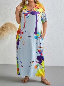 LONESS Plus Graphic Print Hidden Pocket Tee Dress - Multicolor - View 4