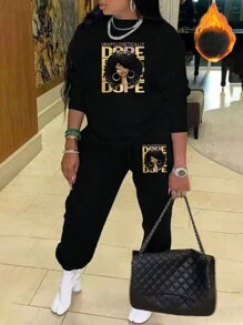 Maweii 大码印花保暖连帽衫和运动裤套装 - 黑色 - 查看 1